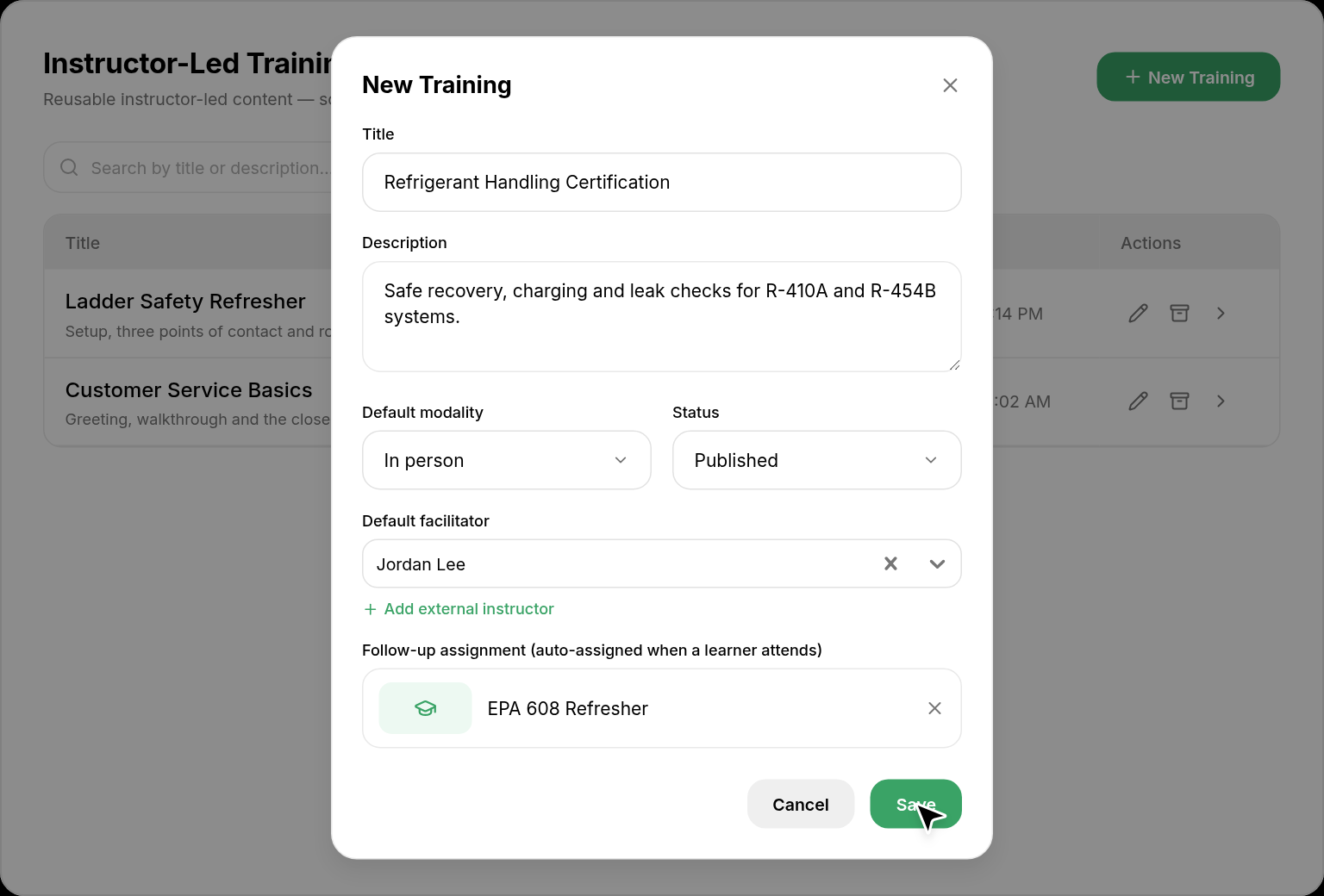 New Training form with title, description, modality, and facilitator