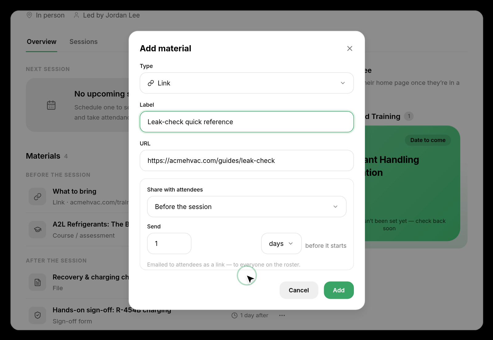 Add material dialog with type, label, and timing
