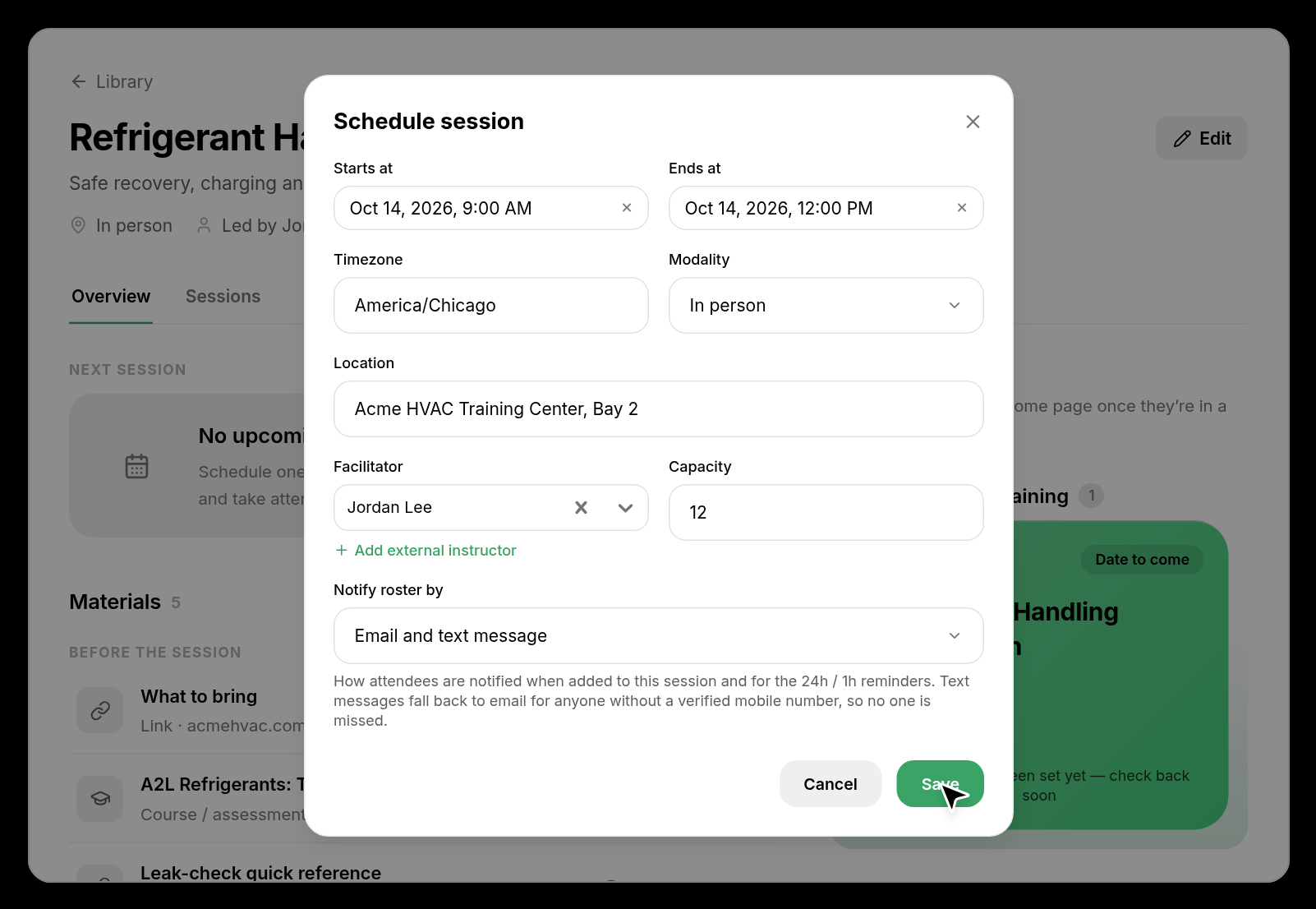 Schedule session dialog with date, time, location, and capacity