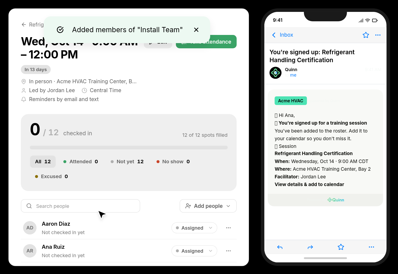 Session roster with Add people and the learner's invitation