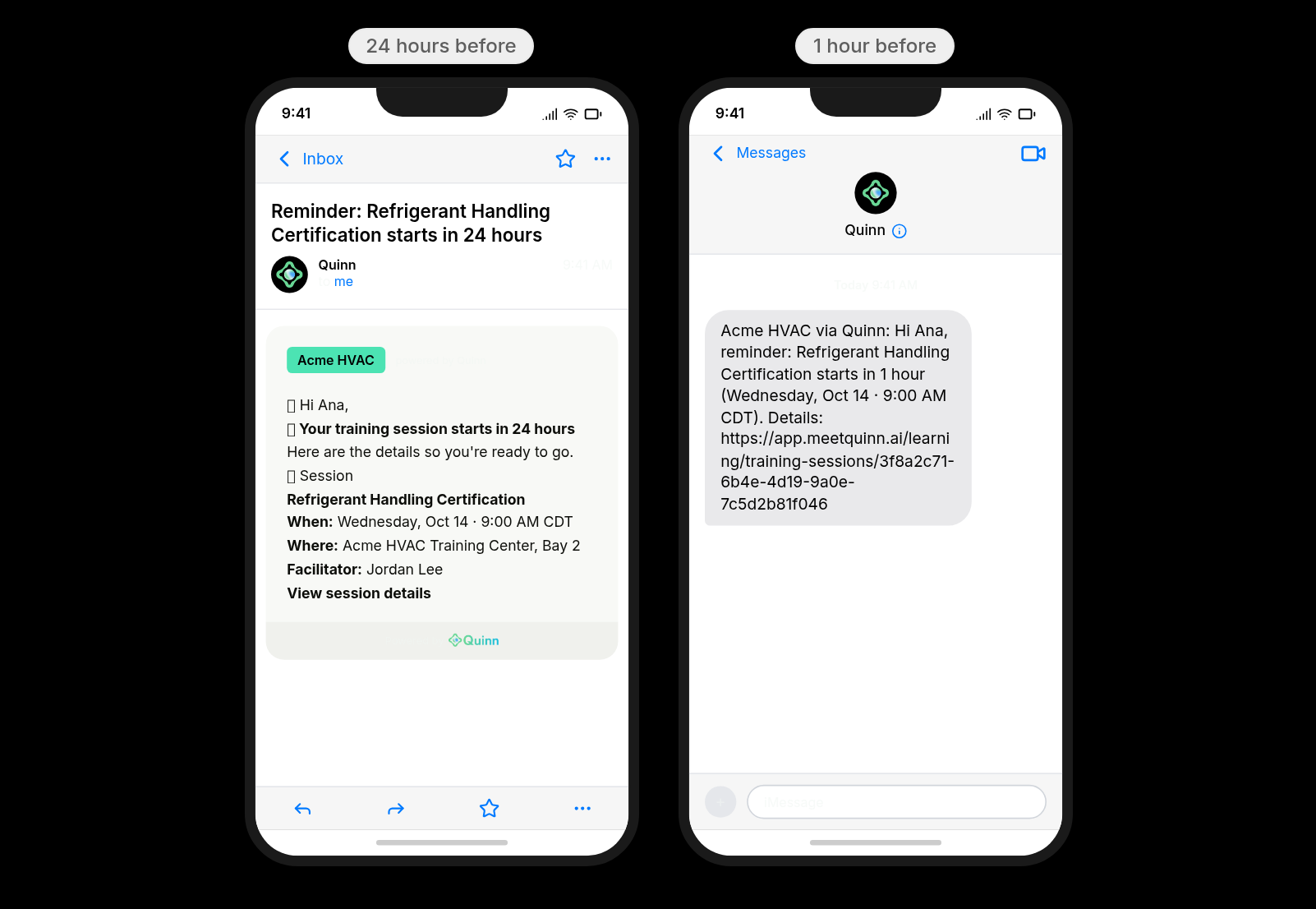 24-hour and 1-hour reminder messages on a learner's phone