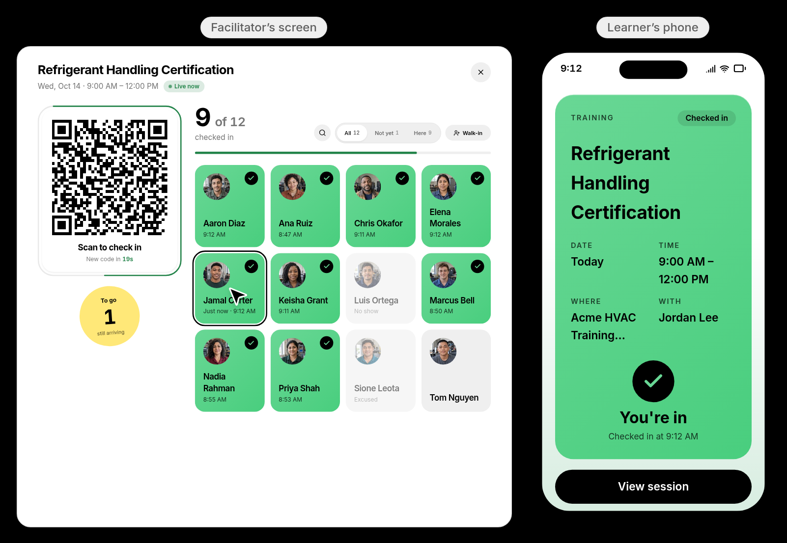 Facilitator's QR check-in board next to a learner's You're in confirmation
