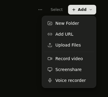 The Add menu showing Record video, Screenshare, and Voice recorder options