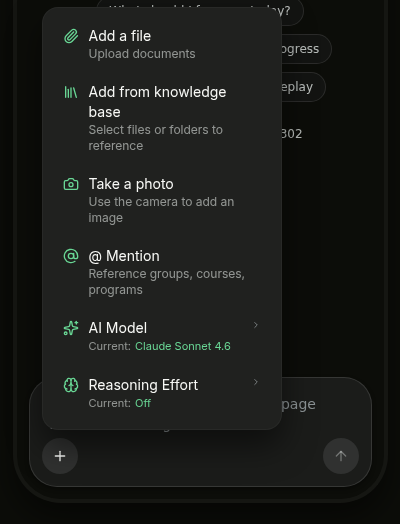 The plus menu in Ask Quinn with Add from knowledge base highlighted