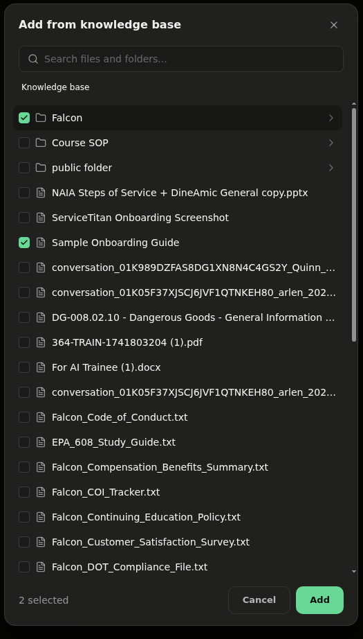 Add from knowledge base picker with folders and files selected and an Add button