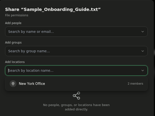Share modal showing the Add locations picker with an office location result