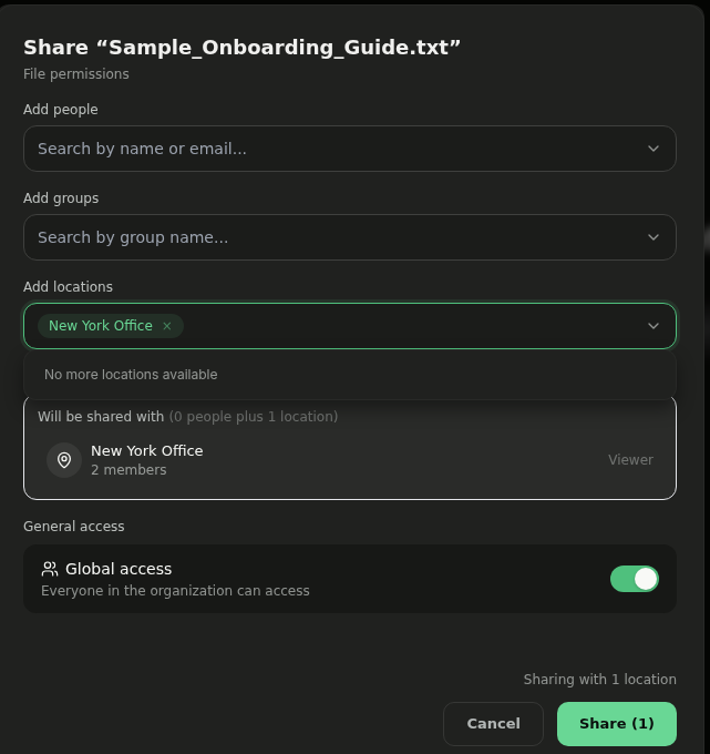 Share modal previewing the location that is about to be shared
