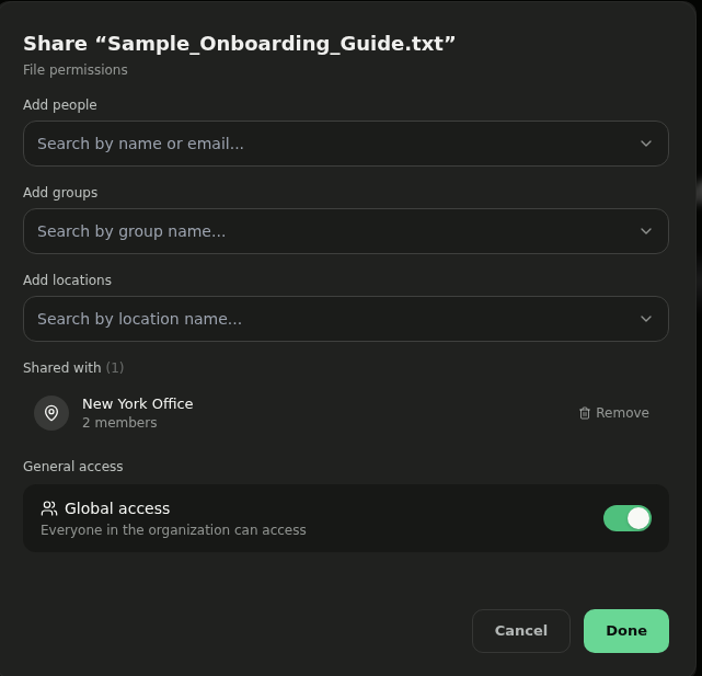 Shared with list showing an office location with its member count and a Remove option