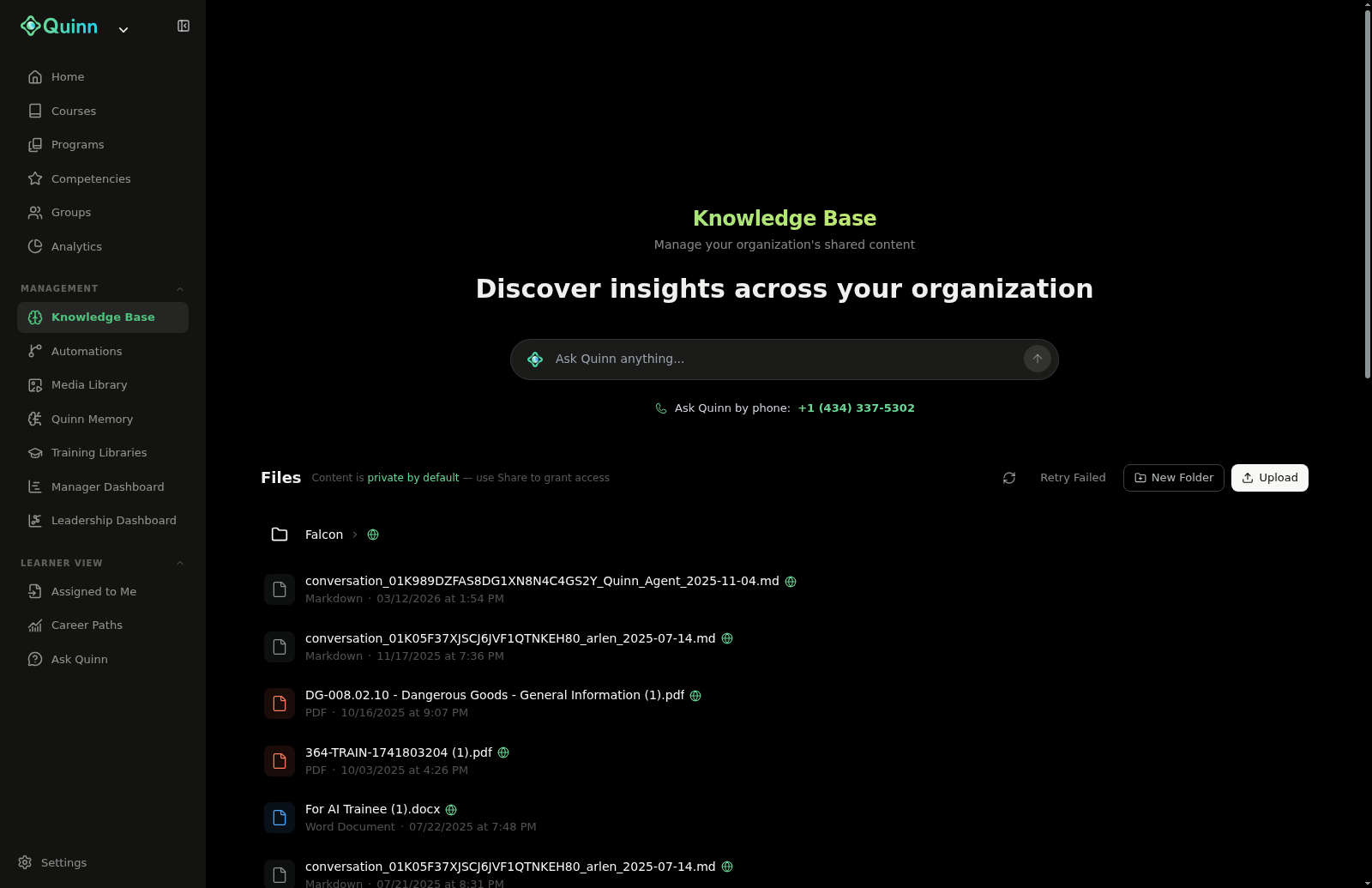 Knowledge Base main dashboard