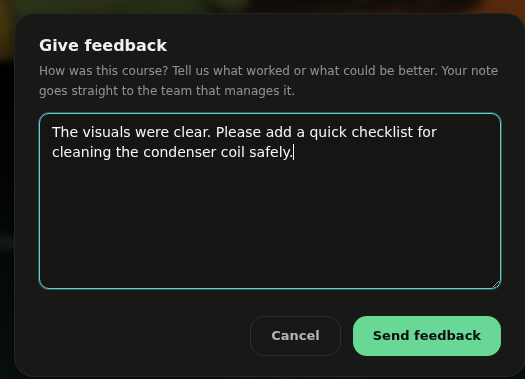 Give feedback dialog with a learner note ready to send