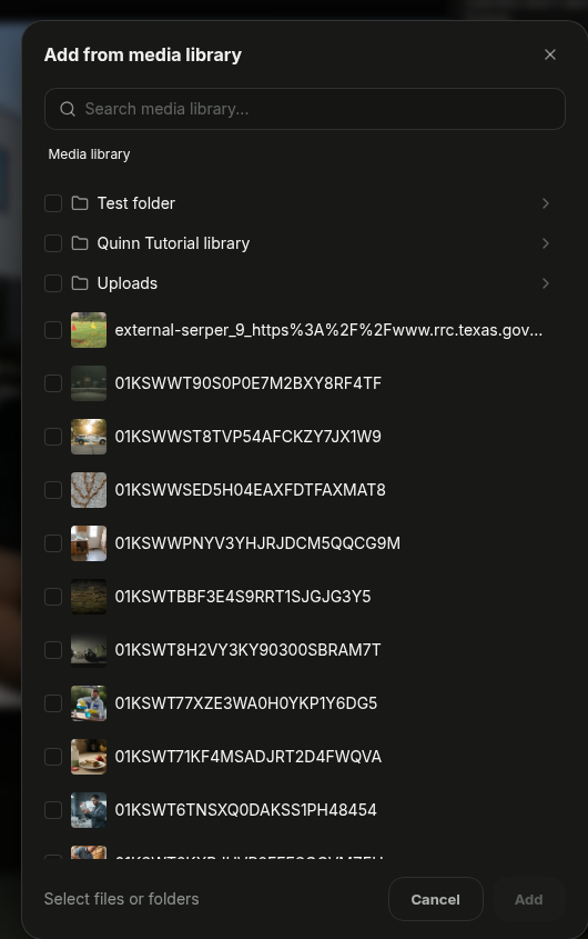 Add from media library picker showing folders and files