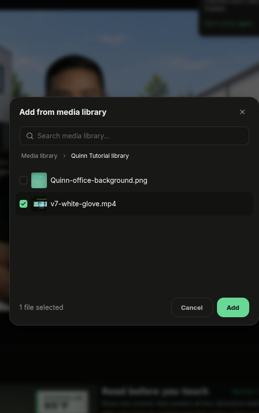 Selected video in the Media Library picker with Add enabled