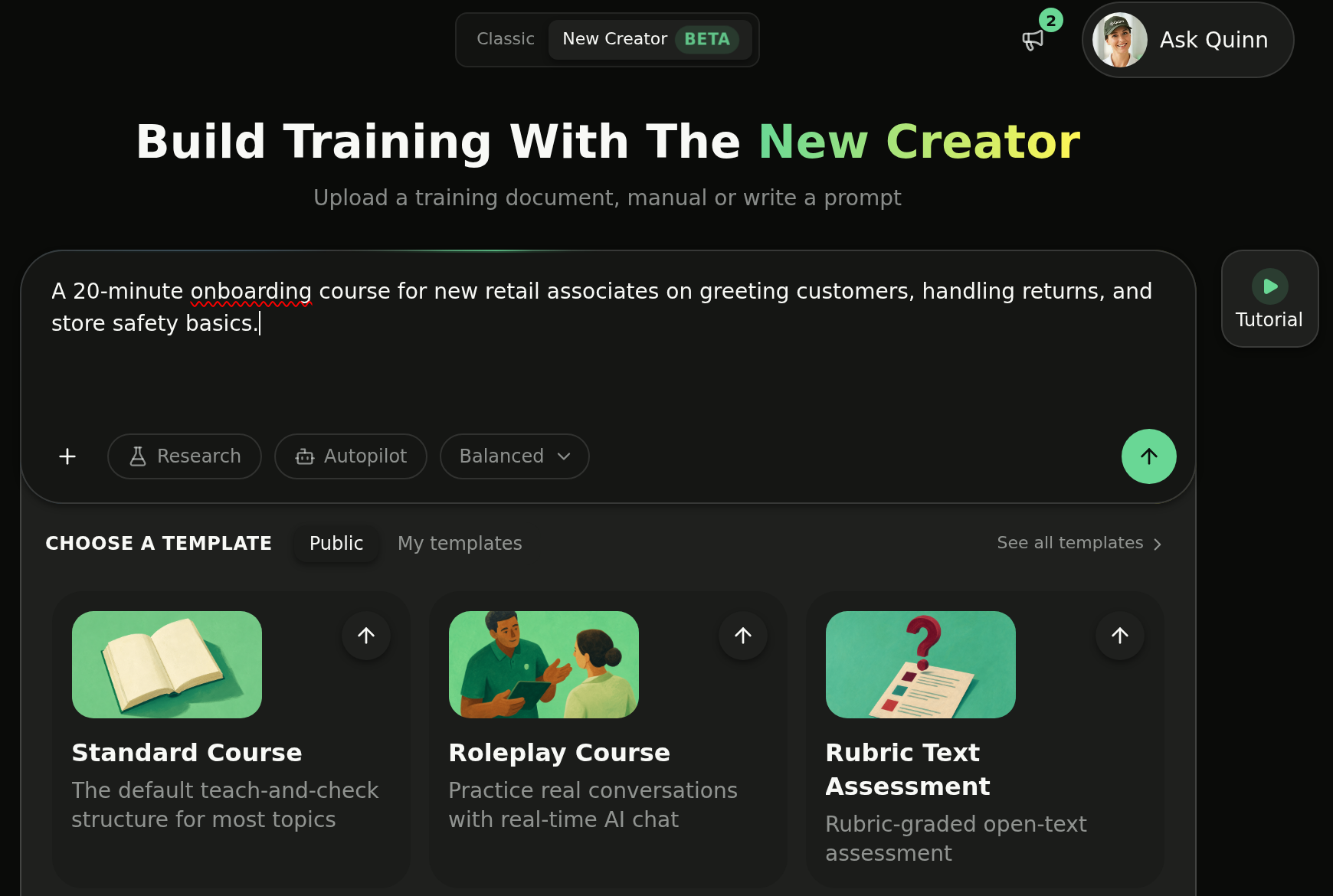 The New Creator with a course prompt typed into the composer and the template row below