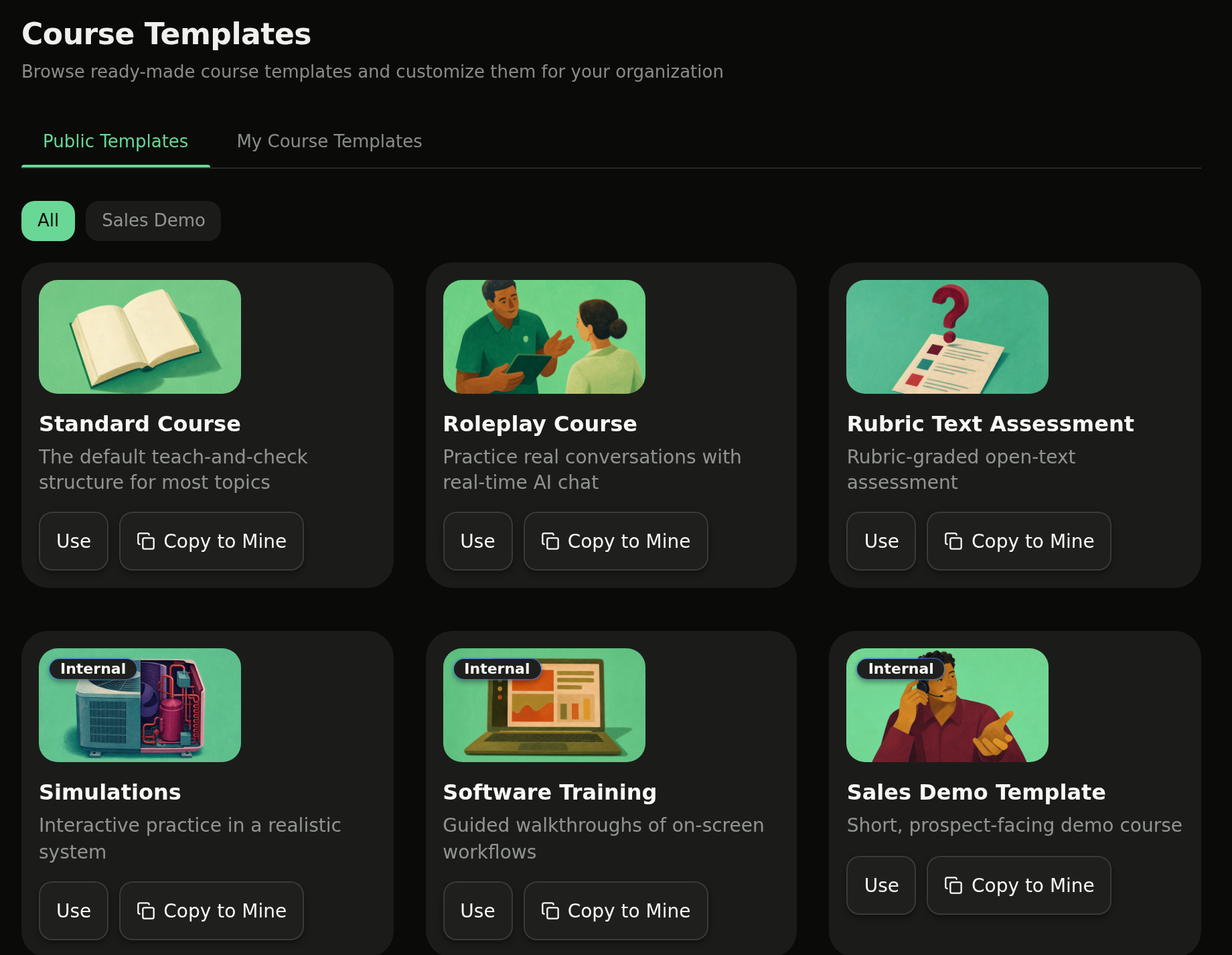 Public Templates tab with Use and Copy to Mine buttons on each template card