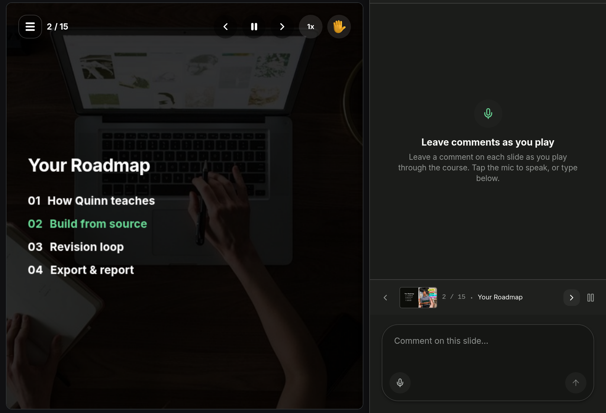 Preview mode playing slide 2 of 15 in the learner player, with the Comments panel beside it