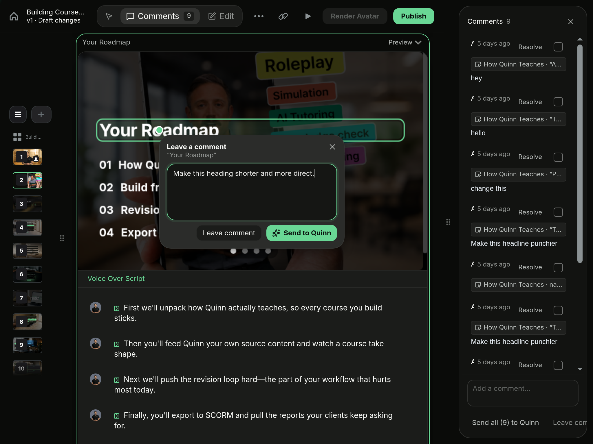 Comment mode with a heading selected, the Leave a comment popup, and the comments shelf on the right