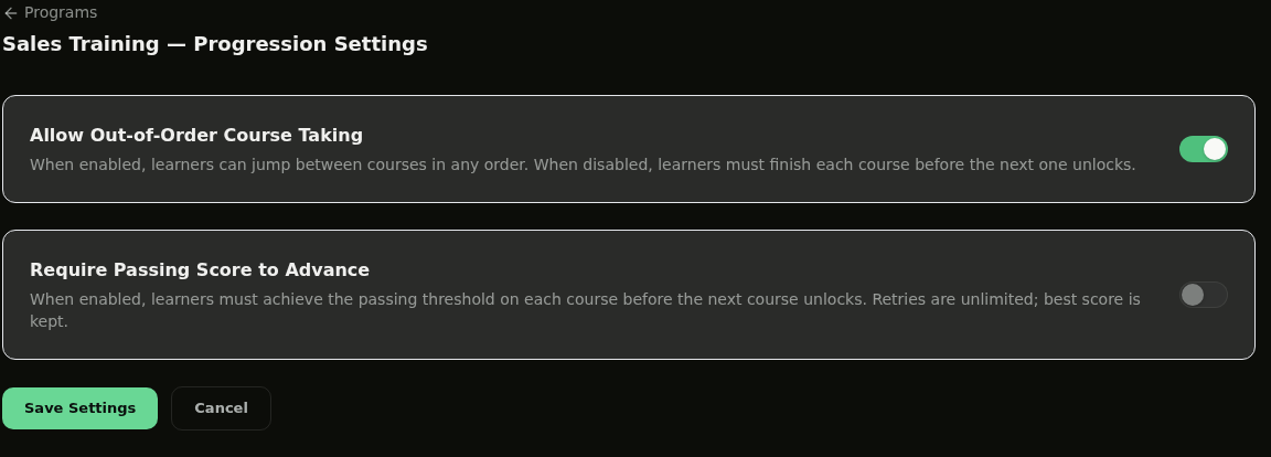 Allow Out-of-Order Course Taking toggle switched on with the Save Settings button enabled