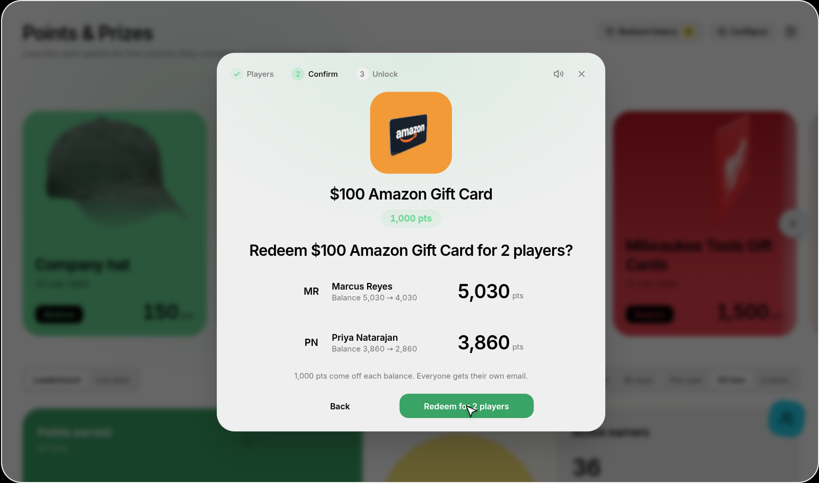 Redeem dialog showing eligible learners and their balances