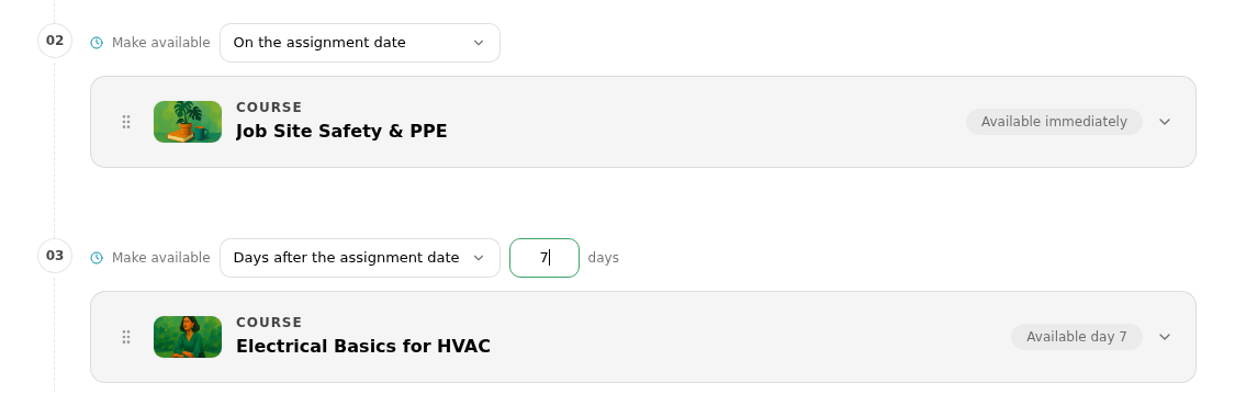 Course steps showing Available immediately and Available day 7 badges