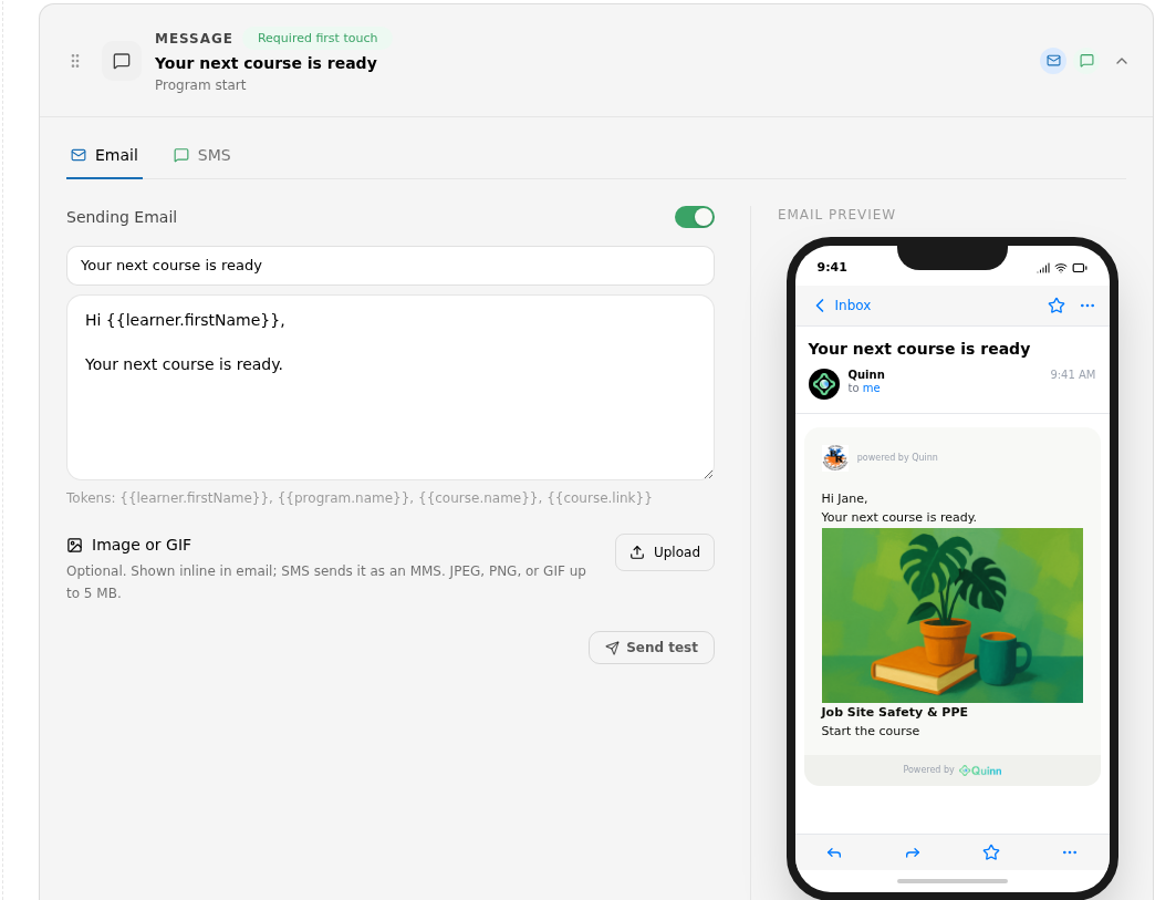 Message step expanded with the Email tab, subject, body, tokens, and email preview