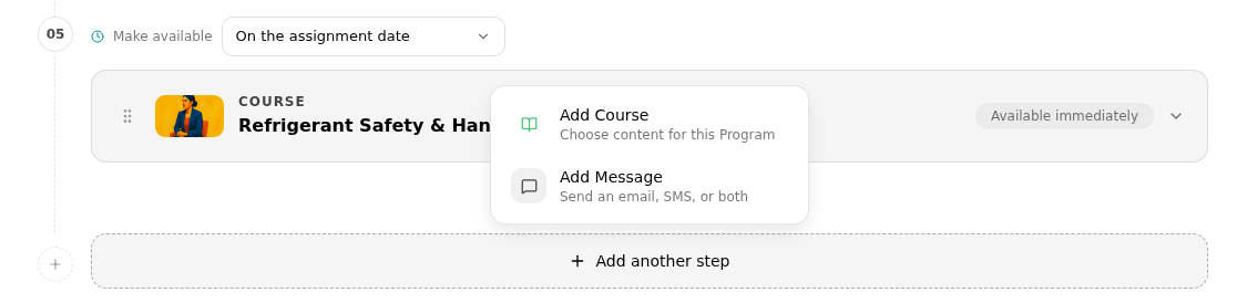 Add another step menu showing Add Course and Add Message