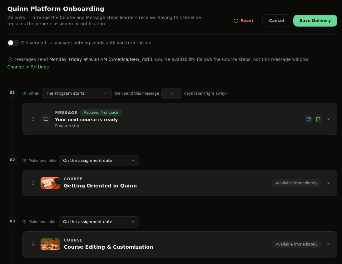 Program Delivery timeline with delivery controls and course steps