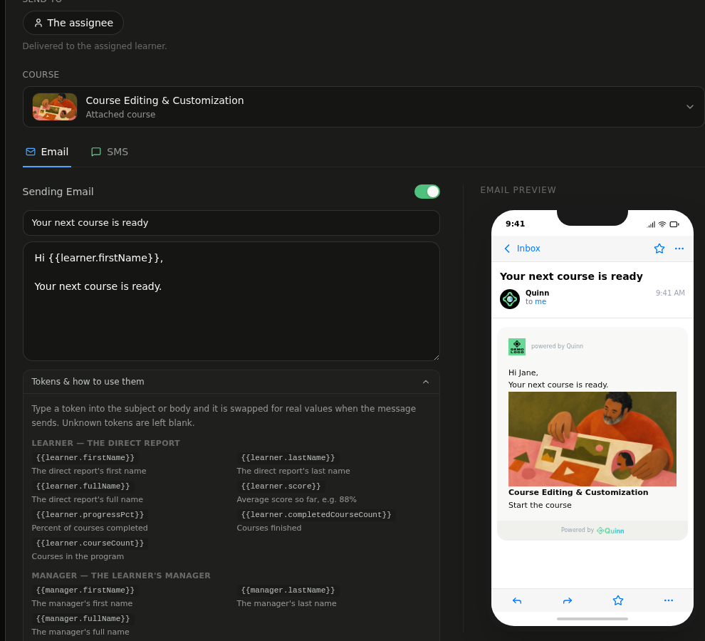 Program Delivery email editor with attached course preview