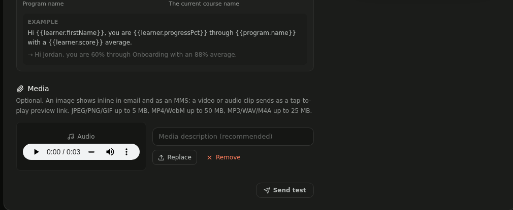 Program Delivery message with an uploaded audio clip