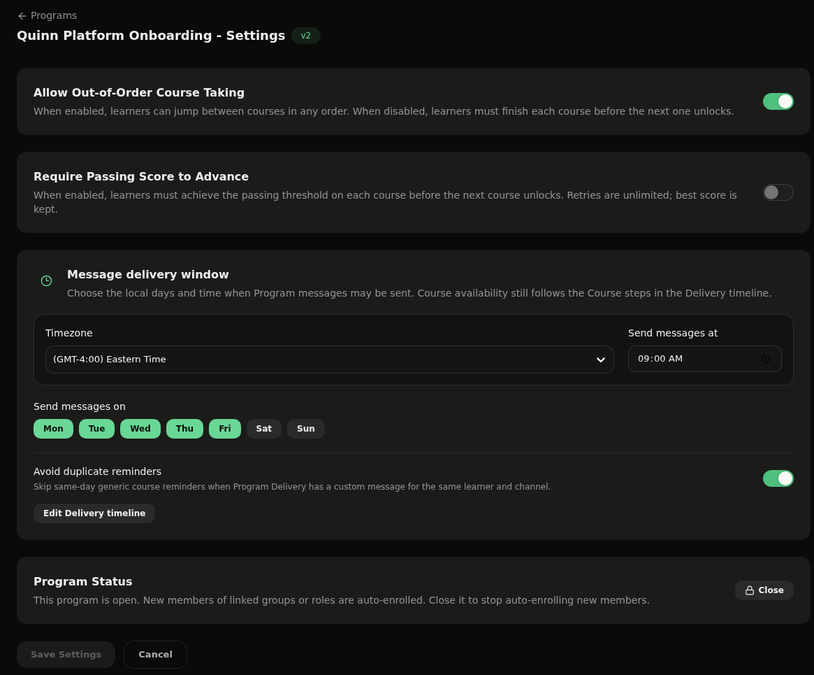 Program Settings page with progression and delivery options