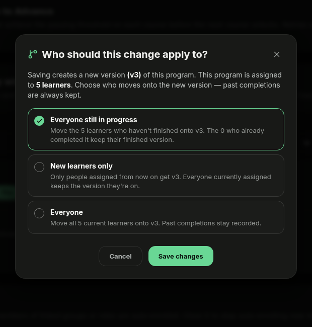 Version audience dialog showing three learner migration choices
