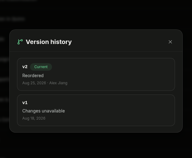 Version history showing current v2 and the previous v1