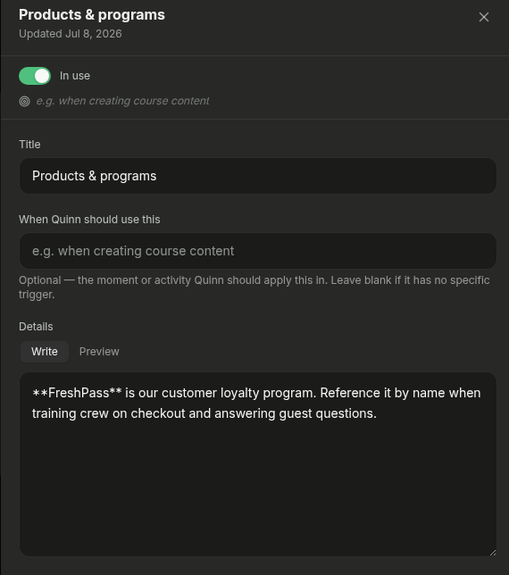 Edit view of a memory with editable Title, when-to-use, and Details fields