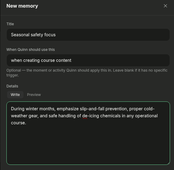 New memory form with Title, when-to-use, and Details fields
