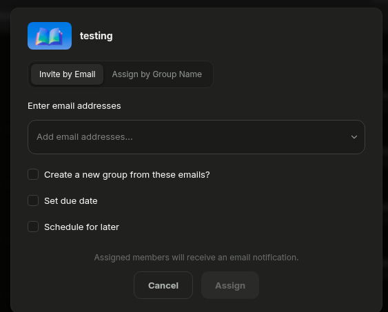 Assign Course modal with Invite by Email and Assign by Group Name tabs