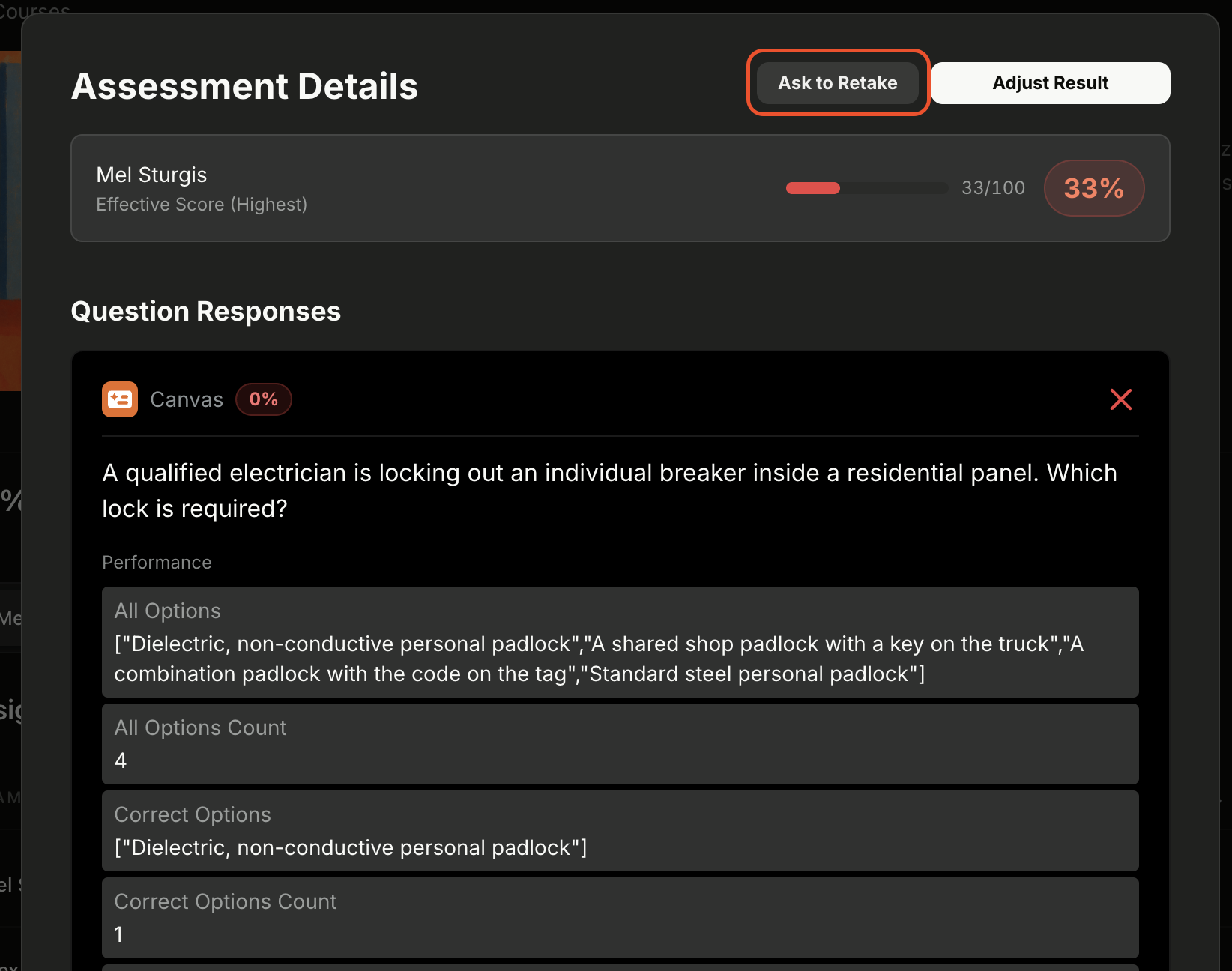 Assessment Details modal showing the Ask to Retake and Adjust Result buttons