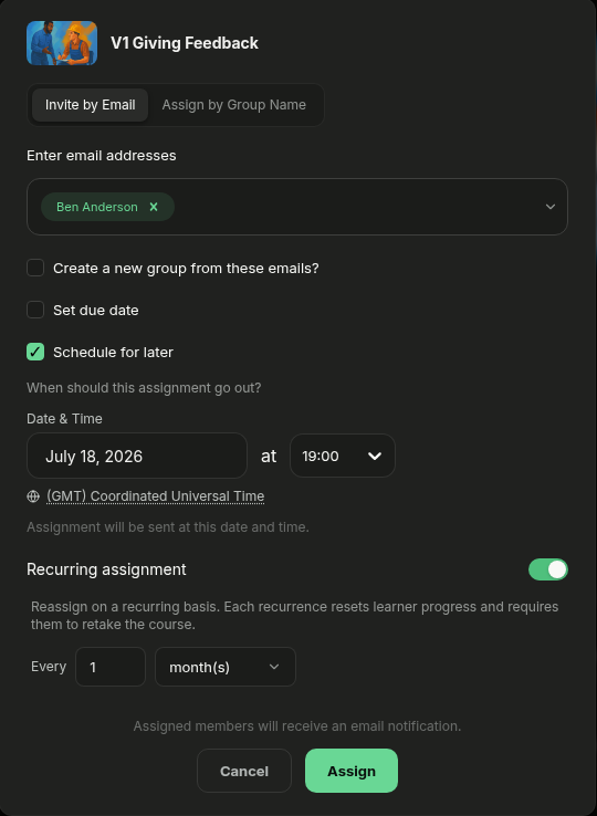 Assign modal with Schedule for later and Recurring assignment enabled, set to repeat every 1 month
