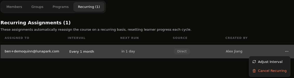 Recurring tab showing a recurring assignment with the Adjust Interval and Cancel Recurring actions