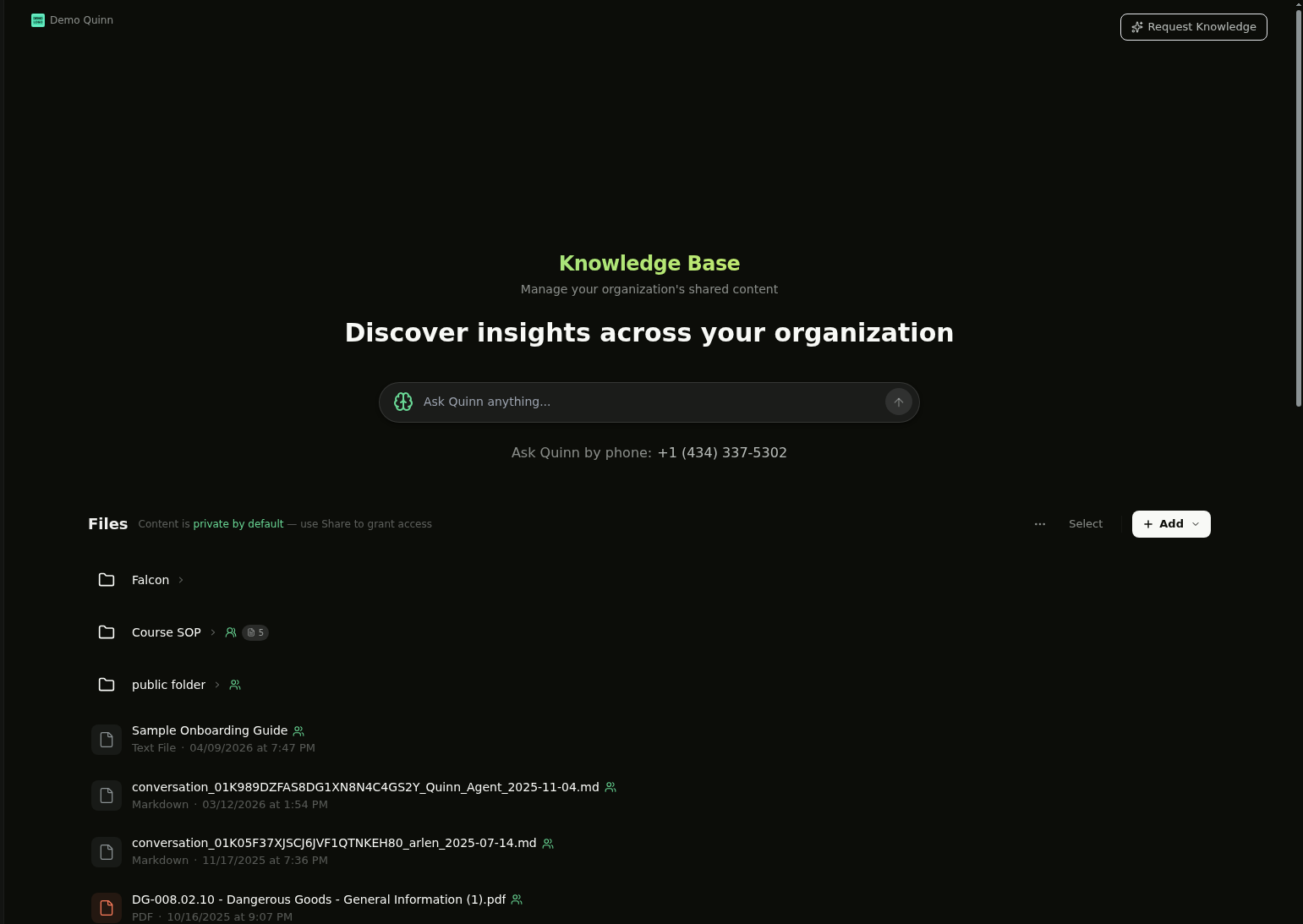 Knowledge Base overview page with Request Knowledge button