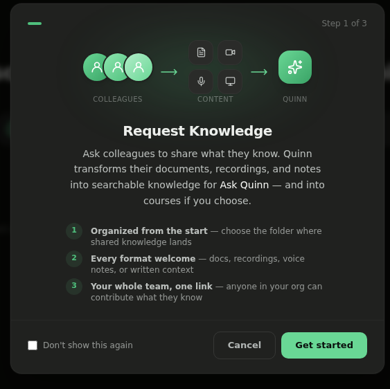 Request Knowledge wizard introduction with Get started button