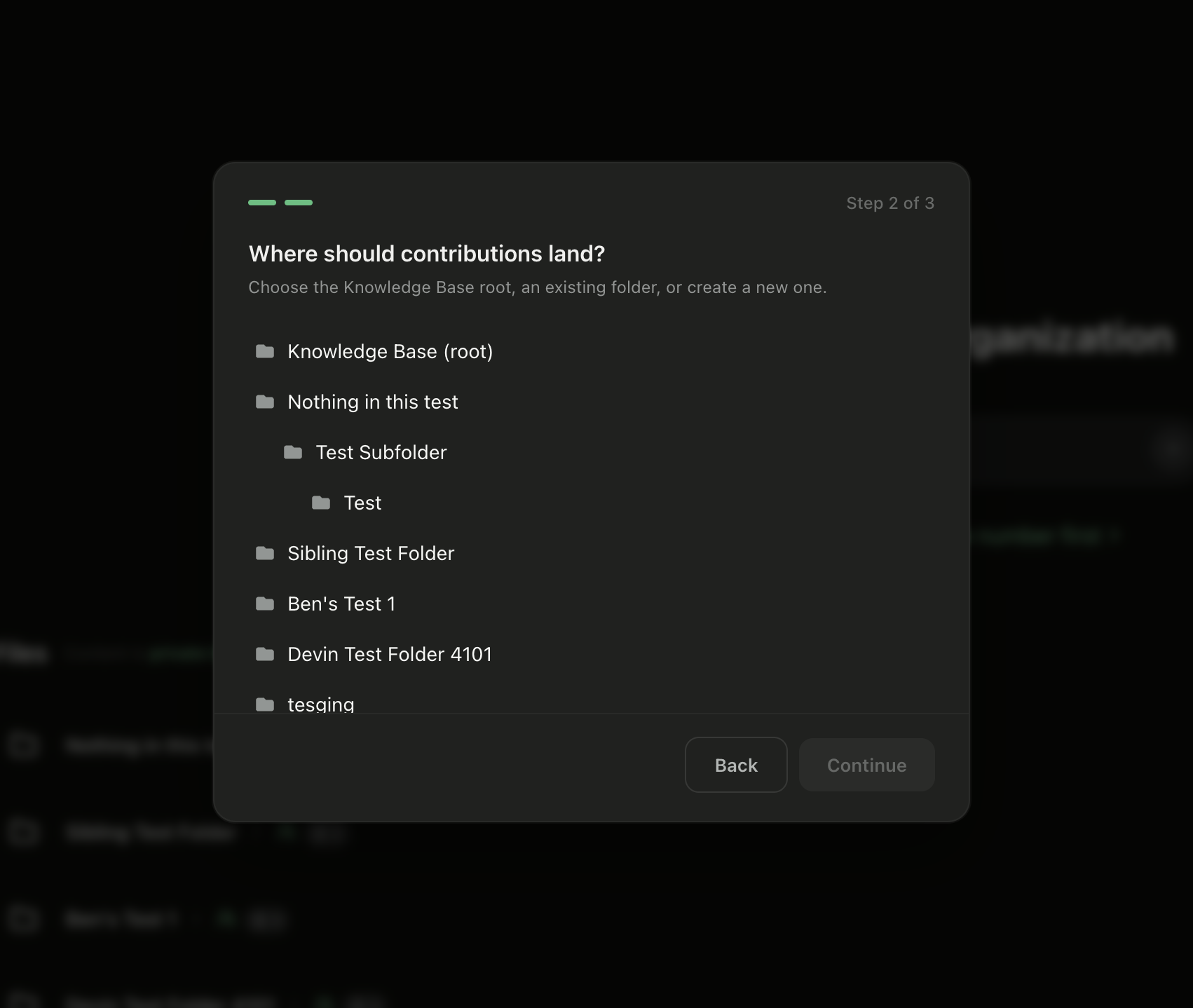Folder picker wizard showing Where should contributions land with folder tree