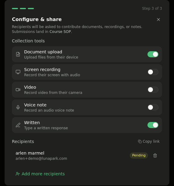 Configure and share screen with collection tool toggles and recipient options