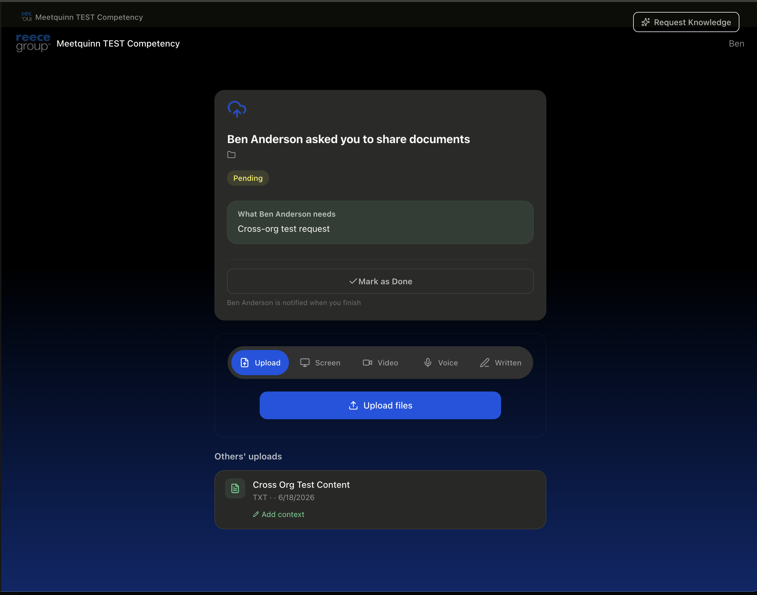 Learner response page showing request details, collection tools, and upload area