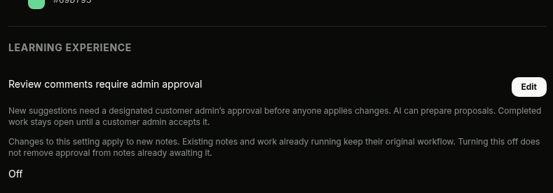 Review comments require admin approval setting shown as Off