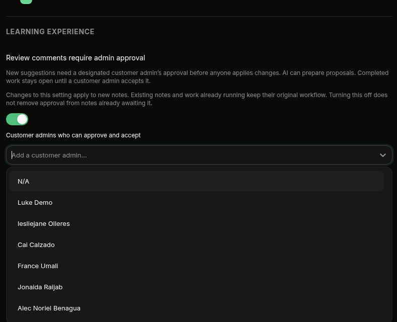 Customer admin picker showing available approvers
