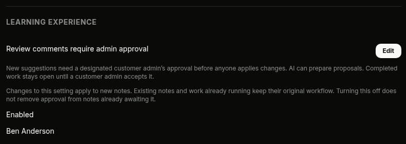 Enabled approval setting listing a named customer admin