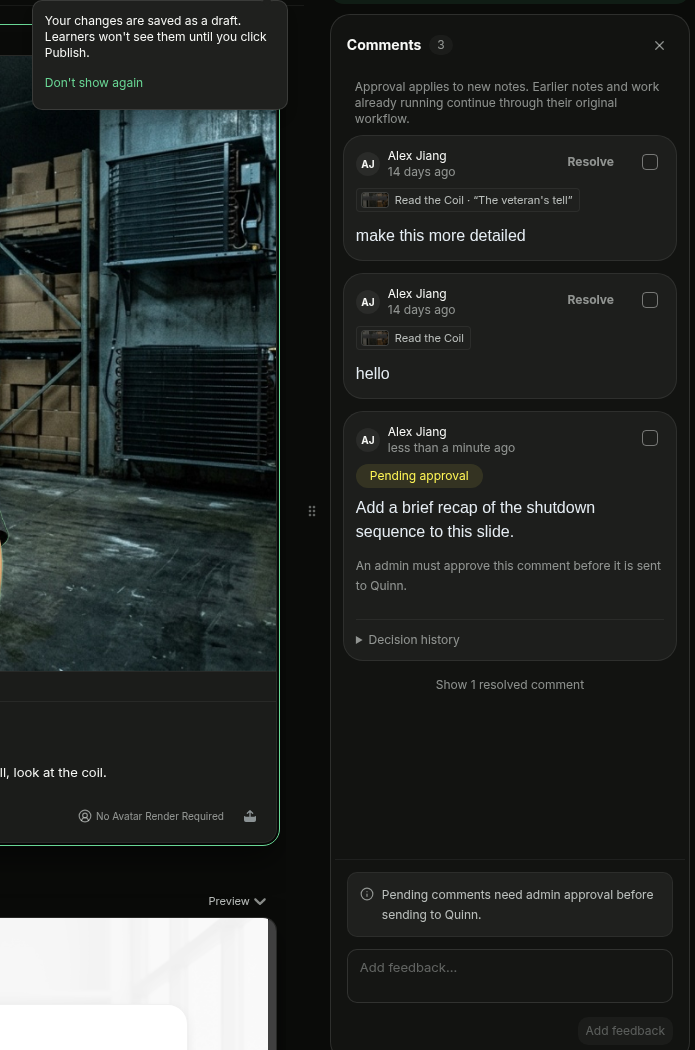 Course editor showing a review comment in Pending approval