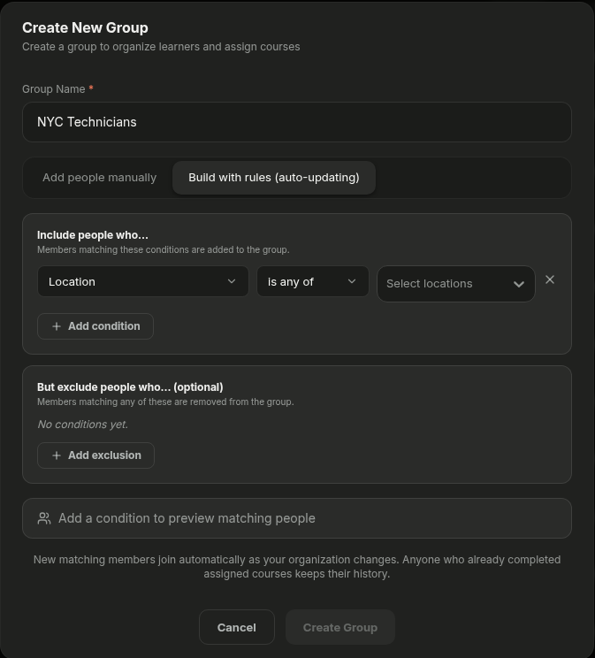 Create New Group dialog switched to Build with rules with an empty condition
