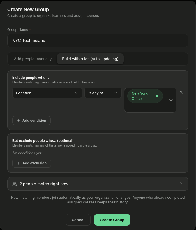 Rule builder showing a location condition and a live preview of matching people
