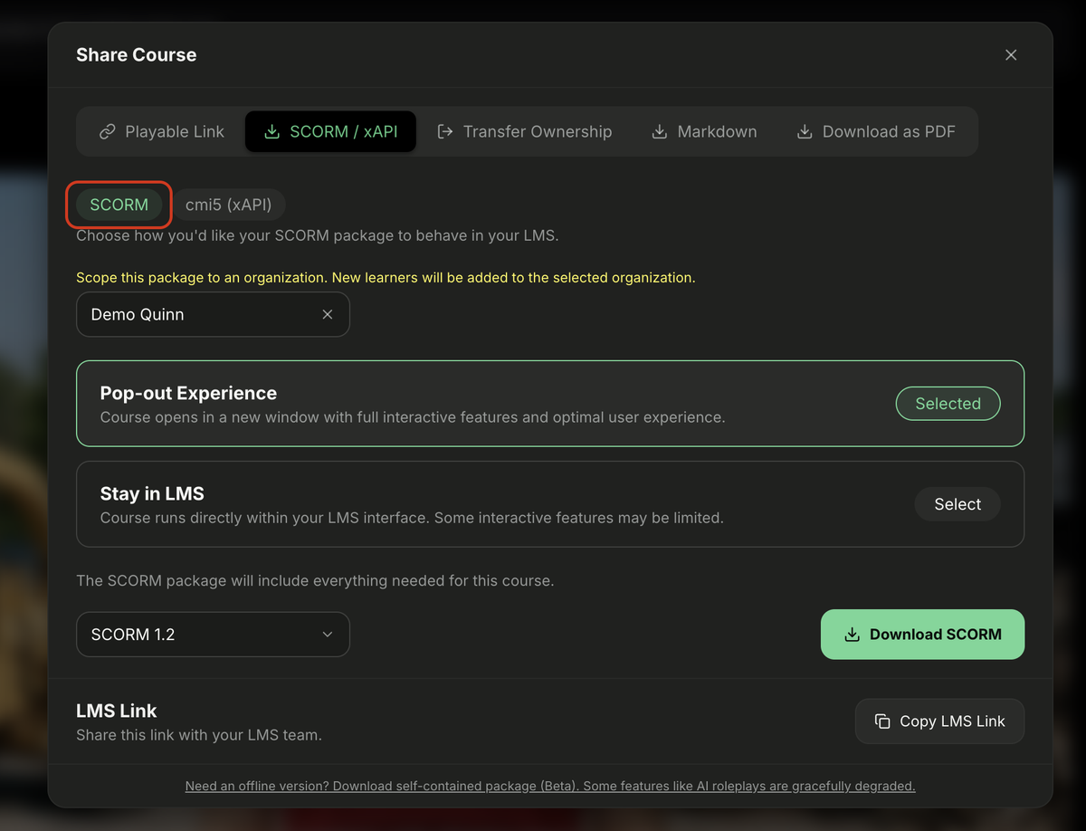 SCORM package options in the Share modal
