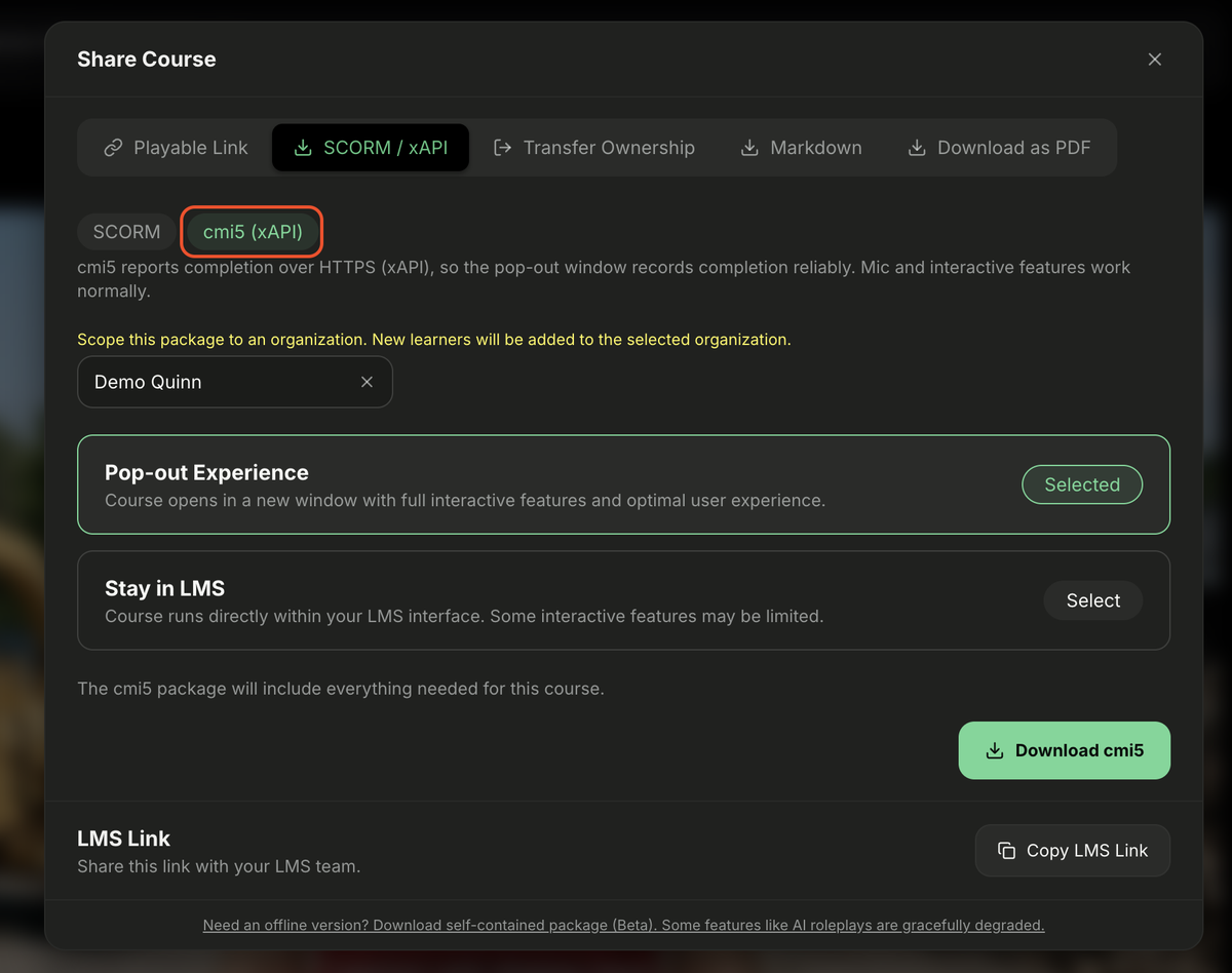 cmi5 (xAPI) options in the Share modal